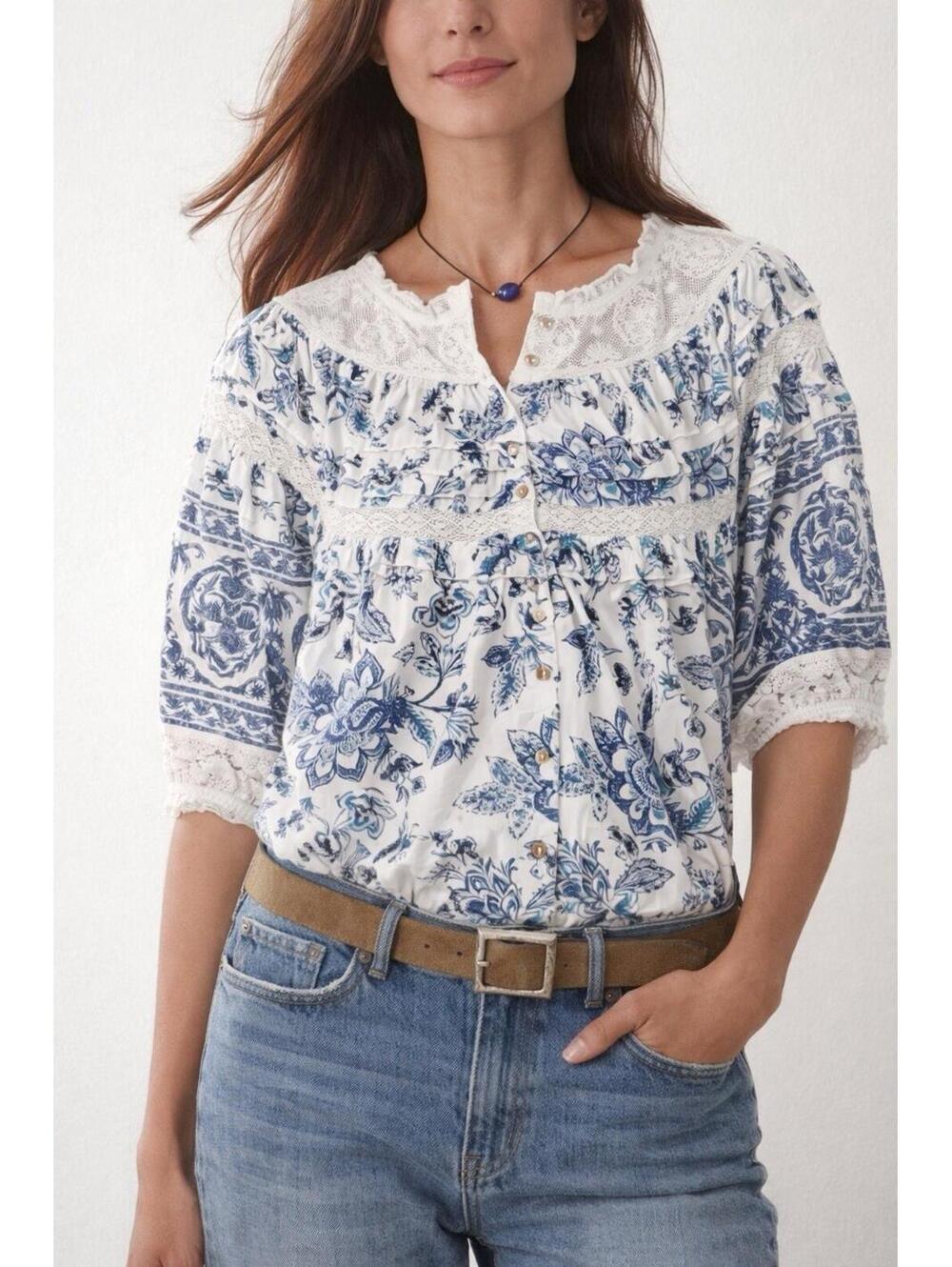 SUNDANCE Flannel & Lace Floral Button Up Blouse Cotton Modal White/Blue Sz Med